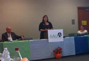 AAUW student organization president, Maura Herboldsheimer, discusses AAUW activities on campus.